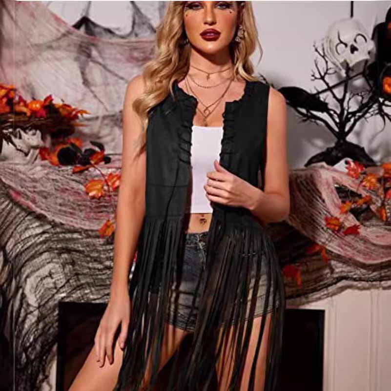 Women Long Suede Fringe Vest Open Front Tassels Cardigan