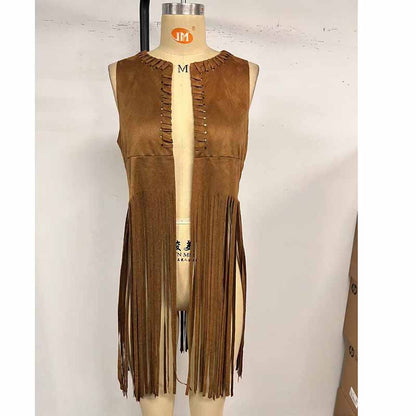 Women Long Suede Fringe Vest Open Front Tassels Cardigan