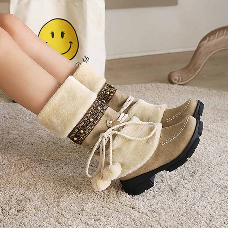 Women Low Heel Snow Boots Winter Warm Round Toe Plush Boots Lace Up Mid Boots