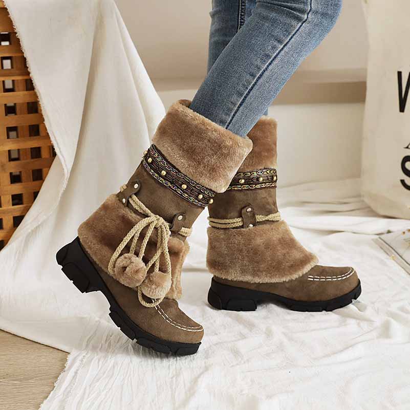 Women Low Heel Snow Boots Winter Warm Round Toe Plush Boots Lace Up Mid Boots