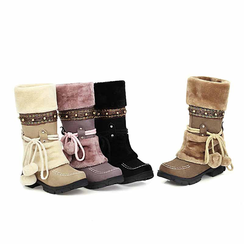 Women Low Heel Snow Boots Winter Warm Round Toe Plush Boots Lace Up Mid Boots