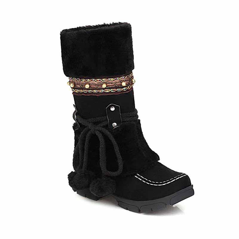 Women Low Heel Snow Boots Winter Warm Round Toe Plush Boots Lace Up Mid Boots