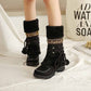 Women Low Heel Snow Boots Winter Warm Round Toe Plush Boots Lace Up Mid Boots