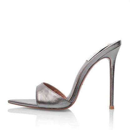 Women Metallic Leather Mules High Heeled Sandals