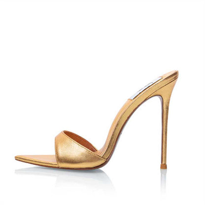 Women Metallic Leather Mules High Heeled Sandals