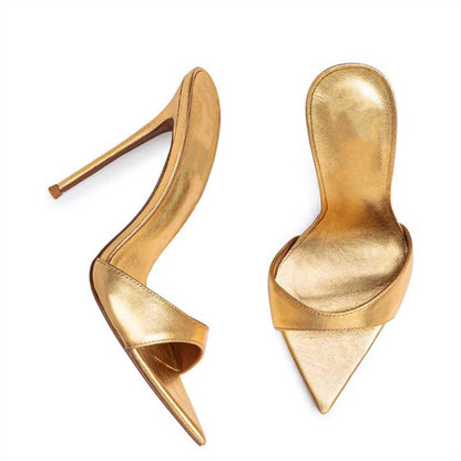 Women Metallic Leather Mules High Heeled Sandals