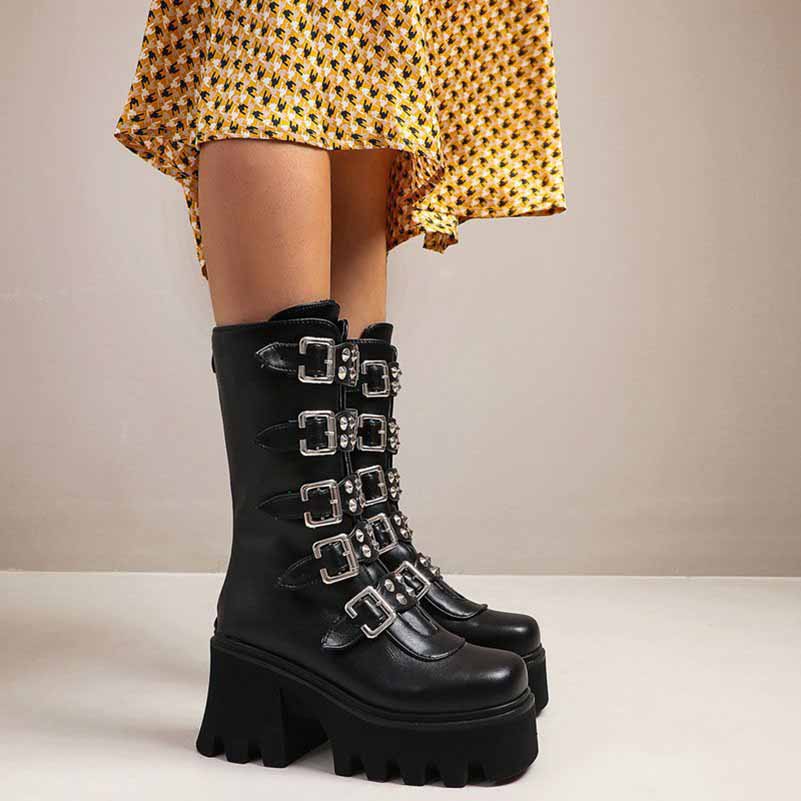 Gothic Steampunk Black Platform Boots Buckle Strap Mid Calf Zipper Boots