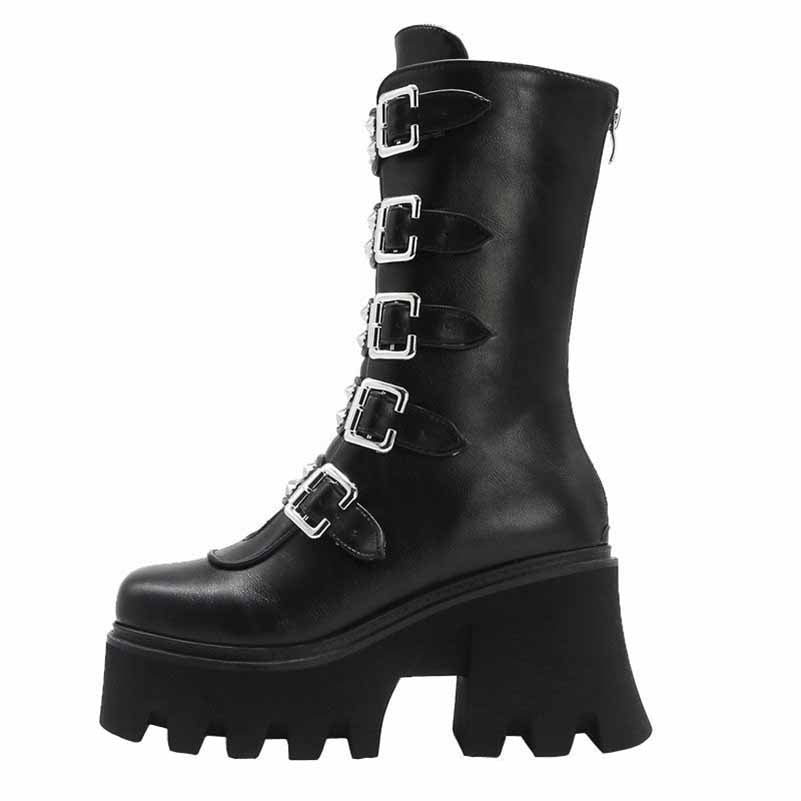 Gothic Steampunk Black Platform Boots Buckle Strap Mid Calf Zipper Boots