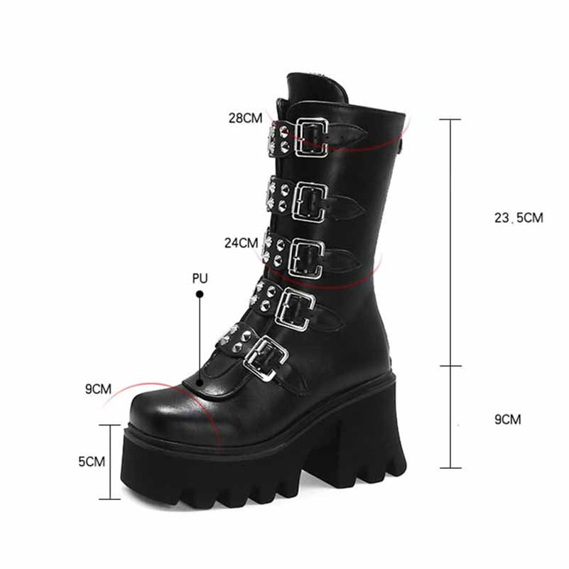 Gothic Steampunk Black Platform Boots Buckle Strap Mid Calf Zipper Boots