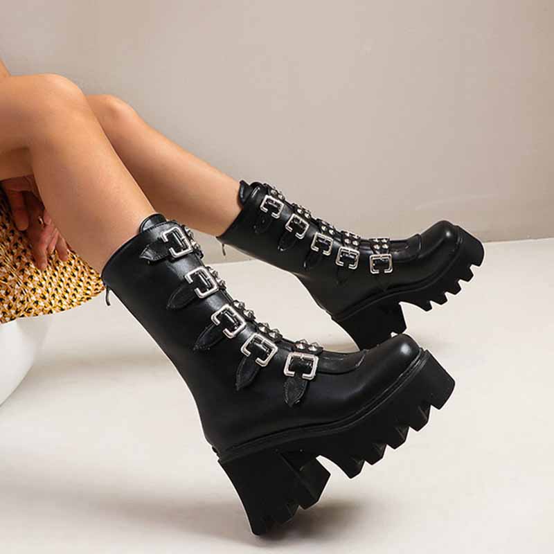 Gothic Steampunk Black Platform Boots Buckle Strap Mid Calf Zipper Boots