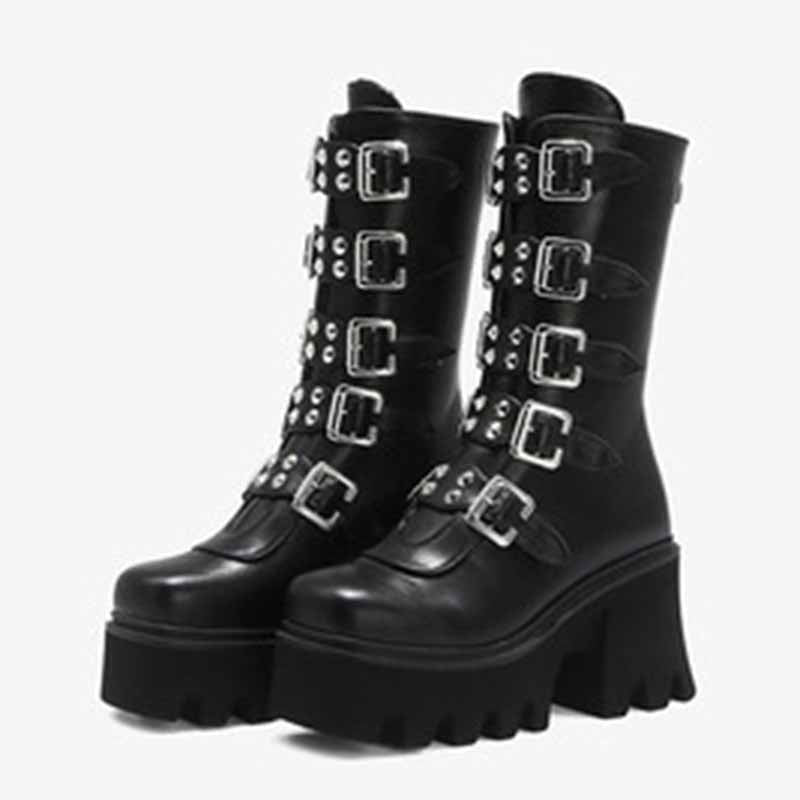 Gothic Steampunk Black Platform Boots Buckle Strap Mid Calf Zipper Boots