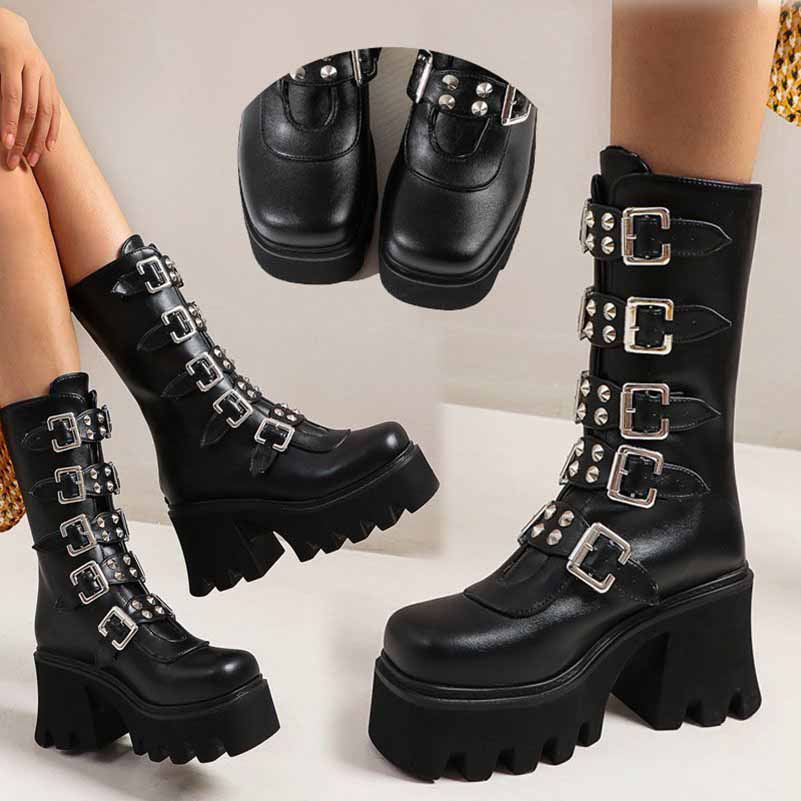 Gothic Steampunk Black Platform Boots Buckle Strap Mid Calf Zipper Boots