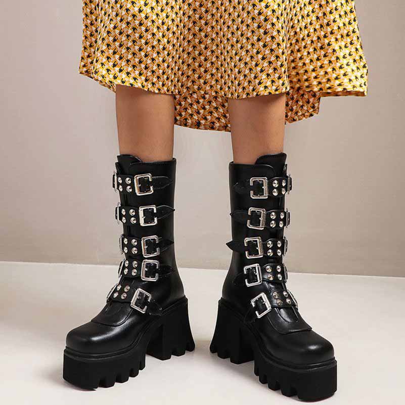 Gothic Steampunk Black Platform Boots Buckle Strap Mid Calf Zipper Boots