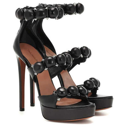 Women Open Toe Platform Shoes Black High Heels Stiletto Studded Pumps