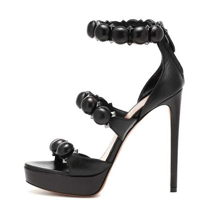 Women Open Toe Platform Shoes Black High Heels Stiletto Studded Pumps