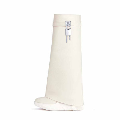 sd-hk women's padlock knee high boots in white with a stylish design and unique padlock detail