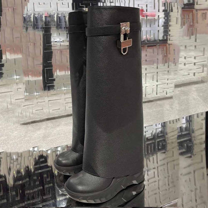 Stylish women's padlock knee high boots in black with modern design and durable sole