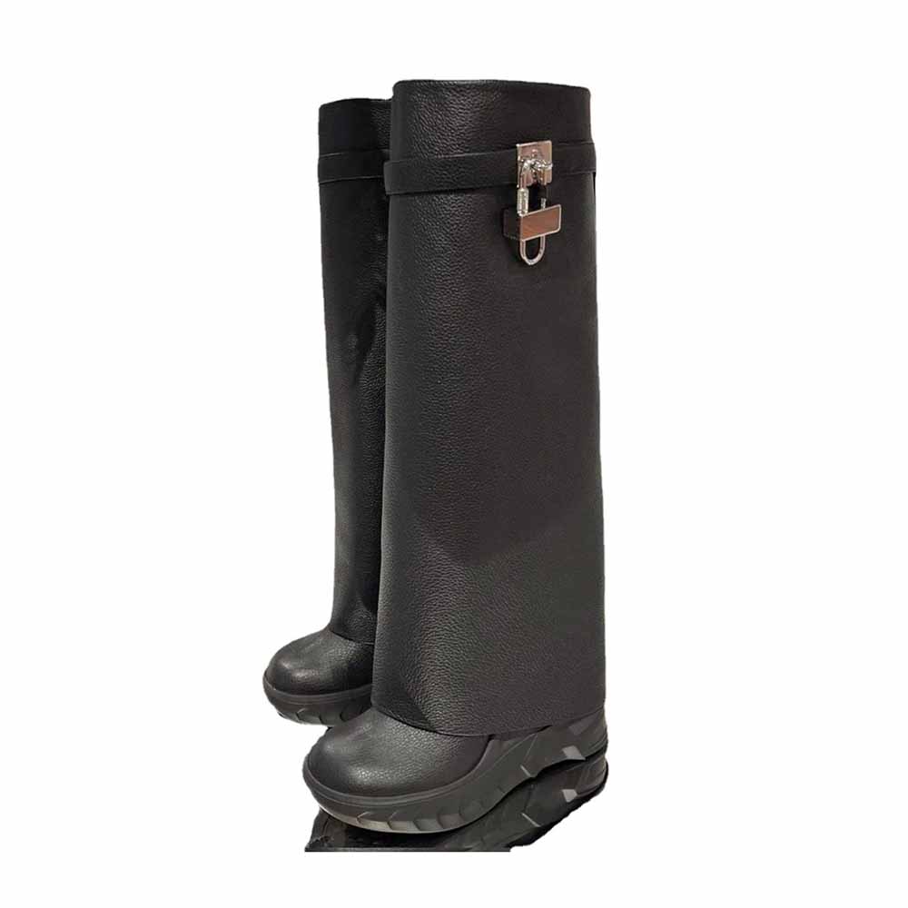 Women Padlock Knee High Boots Fold Over Platform Wedge Boots