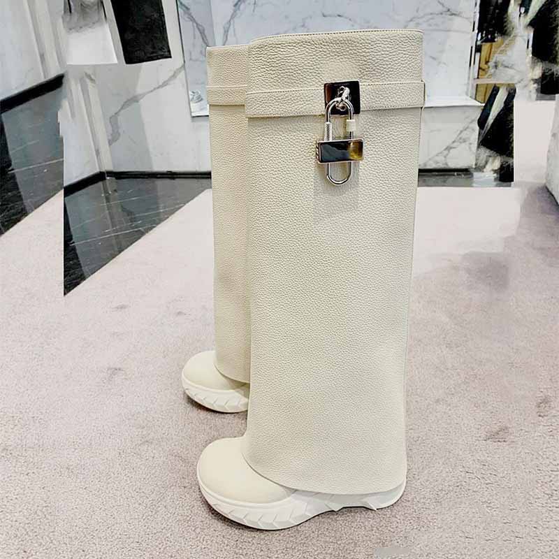 Women Padlock Knee High Boots Fold Over Platform Wedge Boots