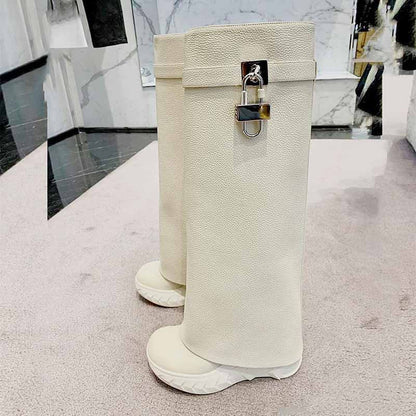 Stylish women's padlock knee high boots in white with unique design and trendy sole