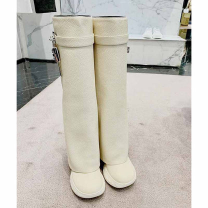 Women's padlock knee high boots in white with unique design and stylish buckle detail
