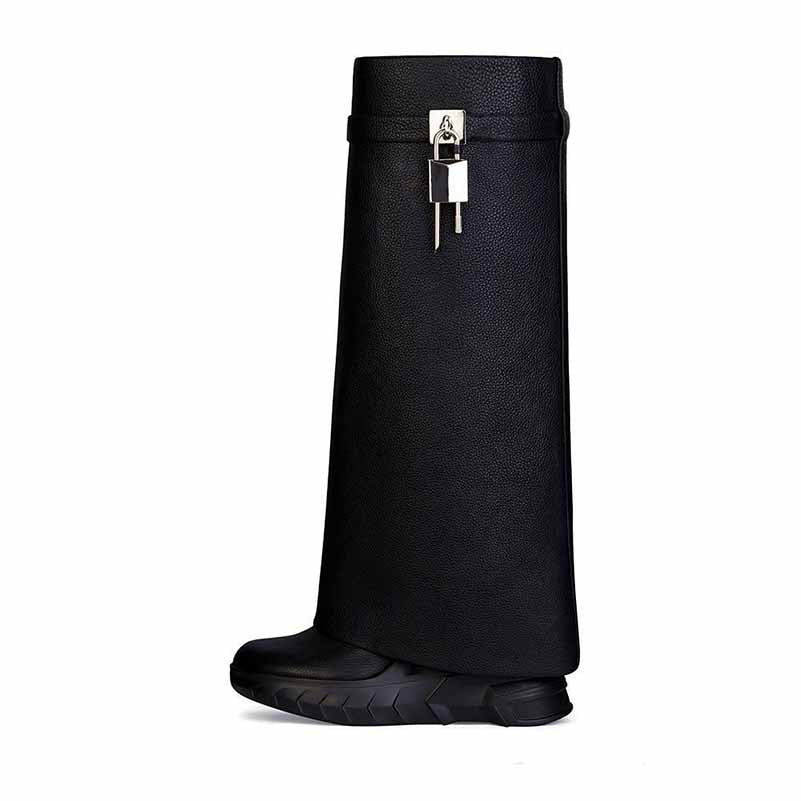 Women Padlock Knee High Boots Fold Over Platform Wedge Boots