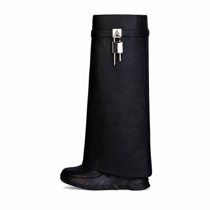 Women's padlock knee high boots in black with stylish design and durable construction