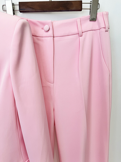 Women Pink Suit Set 3D Flower One Button Blazer Flared Pants Two Piece Outfit