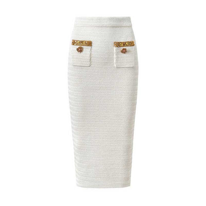 Women Pocket Knitted Cardigan Jacket + Long Skirt Two Pieces Skirt Suit