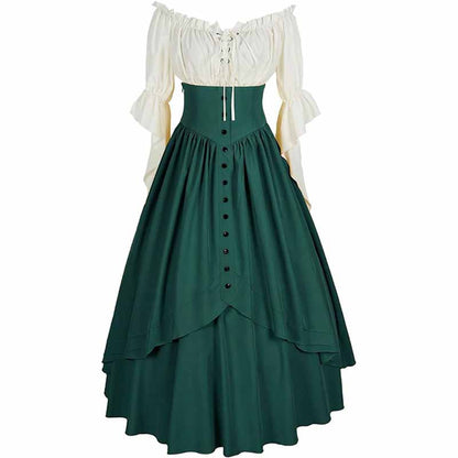 Women Renaissance Skirt 2 Pcs Set Vintage Button Skirt with Off Shoulder Shirt