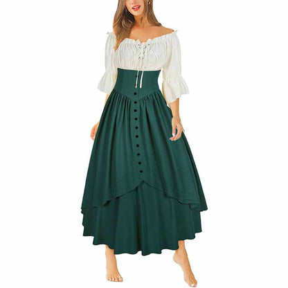 Women Renaissance Skirt 2 Pcs Set Vintage Button Skirt with Off Shoulder Shirt