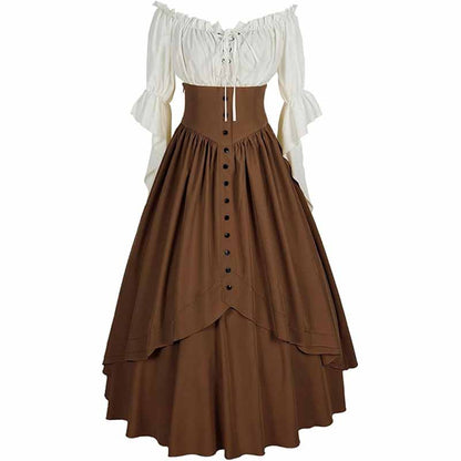 Women Renaissance Skirt 2 Pcs Set Vintage Button Skirt with Off Shoulder Shirt