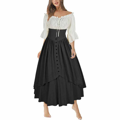 Women Renaissance Skirt 2 Pcs Set Vintage Button Skirt with Off Shoulder Shirt