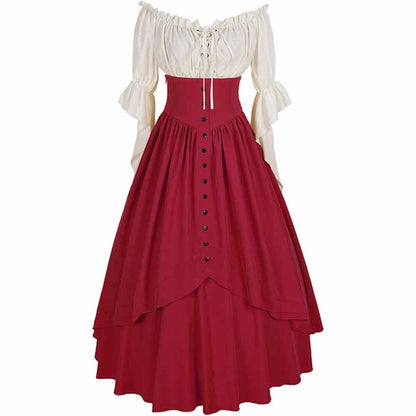 Women Renaissance Skirt 2 Pcs Set Vintage Button Skirt with Off Shoulder Shirt