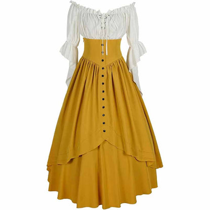 Women Renaissance Skirt 2 Pcs Set Vintage Button Skirt with Off Shoulder Shirt