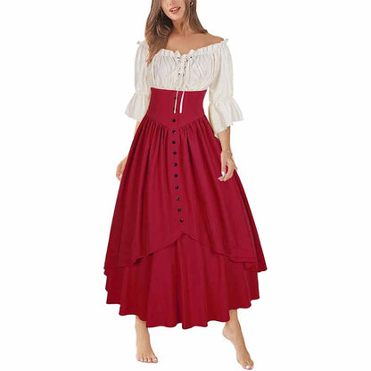 Women Renaissance Skirt 2 Pcs Set Vintage Button Skirt with Off Shoulder Shirt