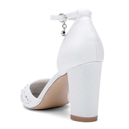 Women Satin Chunky Shoes Rhinestones Bridal Block Heel Sparkle Wedding Shoes