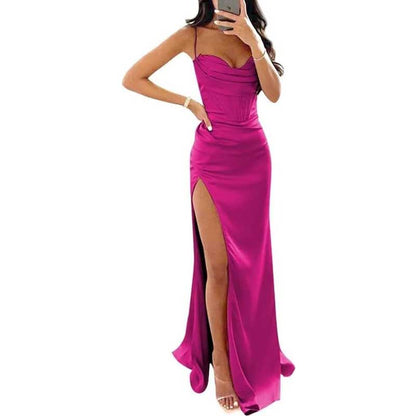 Spaghetti Straps Prom Dresses Wedding Ball Gowns High Split Satin Long Evening Dresses