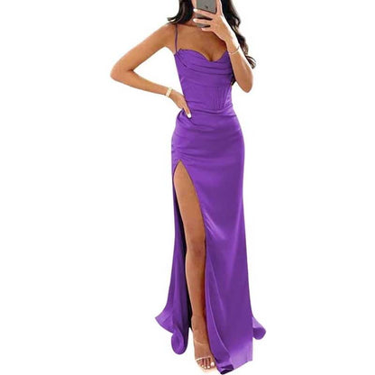 Spaghetti Straps Prom Dresses Wedding Ball Gowns High Split Satin Long Evening Dresses