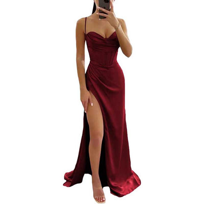Spaghetti Straps Prom Dresses Wedding Ball Gowns High Split Satin Long Evening Dresses