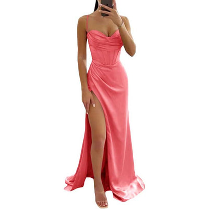 Spaghetti Straps Prom Dresses Wedding Ball Gowns High Split Satin Long Evening Dresses