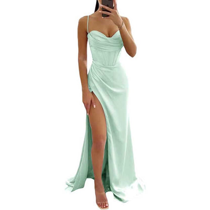 Spaghetti Straps Prom Dresses Wedding Ball Gowns High Split Satin Long Evening Dresses