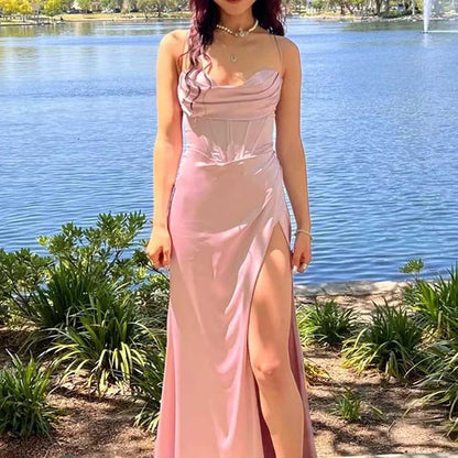 Spaghetti Straps Prom Dresses Wedding Ball Gowns High Split Satin Long Evening Dresses