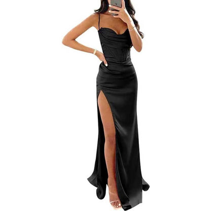 Spaghetti Straps Prom Dresses Wedding Ball Gowns High Split Satin Long Evening Dresses