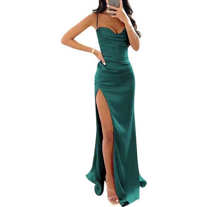 Spaghetti Straps Prom Dresses Wedding Ball Gowns High Split Satin Long Evening Dresses
