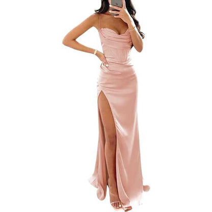 Spaghetti Straps Prom Dresses Wedding Ball Gowns High Split Satin Long Evening Dresses