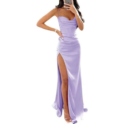 Spaghetti Straps Prom Dresses Wedding Ball Gowns High Split Satin Long Evening Dresses
