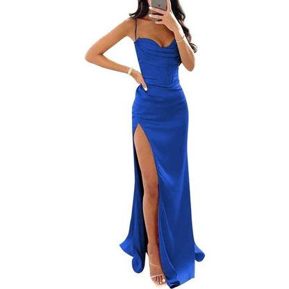 Spaghetti Straps Prom Dresses Wedding Ball Gowns High Split Satin Long Evening Dresses