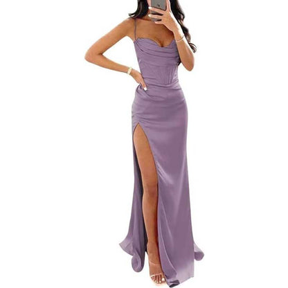 Spaghetti Straps Prom Dresses Wedding Ball Gowns High Split Satin Long Evening Dresses