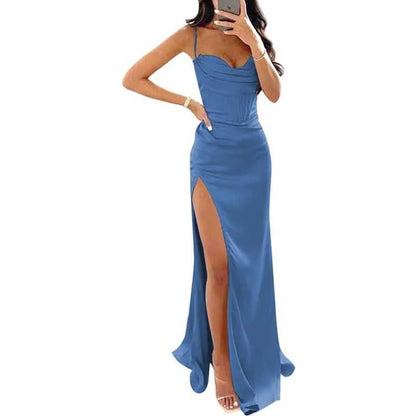 Spaghetti Straps Prom Dresses Wedding Ball Gowns High Split Satin Long Evening Dresses